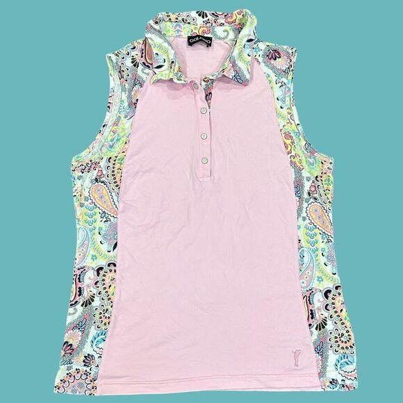Women’s Golfino Holiday Dreams Patched Paisley Sleeveless Polo Top Size Medium - Picture 1 of 6
